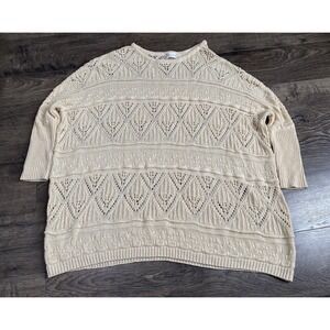 EUC Womens Altar'd State Crochet 3/4 Sleeve Cream Blouse Oversized Tunic Size S